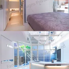 More views of the minimalist duplex, highlighting the open-plan kitchen and the seamless integration of the bedroom and storage areas.
