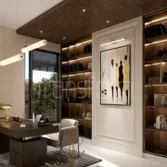 This workspace is designed to transform vision into reality. It features a beautiful wooden ceiling, extensive backlit bookshelves, and large windows that flood the room with natural light, creating an inspiring environment for creativity.