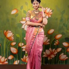 A full-length view of the portfolio look, showcasing the graceful drape of the saree and how the makeup and styling come together to create a complete, artistic vision.
