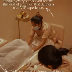 Inside the VIP room, you receive uninterrupted focus from my team. This image shows how we can perform a pedicure and other services at the same time, ensuring your time is used effectively without compromising on the quality of the experience.