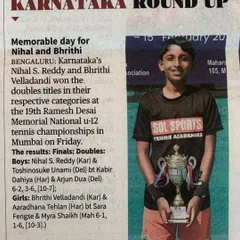 Our champion Nihal Reddy featured in the news after his stellar performance clinching the Boys U12 Doubles Title at the Mumbai Nationals.