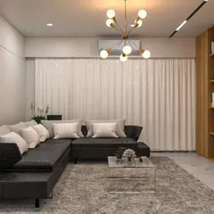 A 3D render of a sophisticated living room with a black leather sectional, a marble-faced TV unit, and elegant lighting.