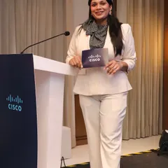A moment of pride hosting for a global tech leader, Cisco. I am comfortable representing major brands and ensuring their key messages are communicated effectively throughout the event.