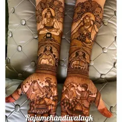 A divine design for a blessed union. The arms feature portraits of Lord Shiva and Guru Nanak Dev Ji, while the palms show the bride and groom during the wedding ceremony.