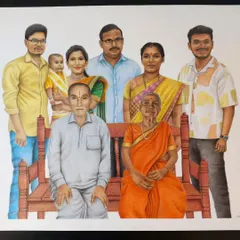 Creating this large A2 size family portrait was a challenge I loved. I merged 8 different photos to bring three generations together in one colourful drawing, a memory they can cherish forever.