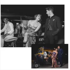 A collage showing the fun, candid energy of the shoot with Priyanka Chopra and Nick Jonas. The black and white shot captures a moment of genuine laughter, showing my ability to create a relaxed atmosphere on set.