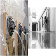 A diptych showing architectural details of the venue and a stunning bridal portrait, connecting the person to the place.
