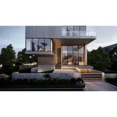 Design Option 1 for a private residence in Bengaluru. This concept explores cantilevered volumes and extensive glazing to create a modern home that appears to float above the landscape.