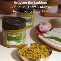 Between the festive sweets like laddoos and chaklis, there's always room for a little fire. Our Garlic & Green Chilli Thecha adds that perfect spicy balance to your celebration platter.