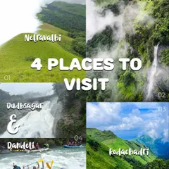 Can't decide where to go? This graphic showcases four of our top weekend destinations: Netravathi, Bandaje, Dudhsagar, and Kodachadri.