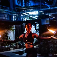 A close up of my fire fan performance. The heat, the sound, and the light create such a powerful atmosphere. I use fire fans to add a different texture and style to my fire flow routines.