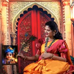 A maternity photoshoot celebrating tradition and anticipation. This Krishna-themed setup in my Yelahanka studio is perfect for a culturally rich pregnancy announcement.