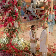 For Kahran and Gourav's Vogue-featured wedding, we designed this breathtaking mandap, using monochromatic red florals to create a powerful contrast against the Jaisalmer sandstone. This ceremony was a testament to their story, blending tradition with a bold, modern vision.