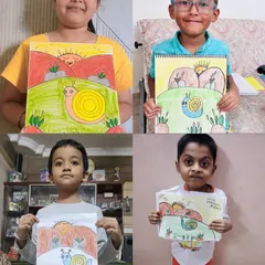 Even simple subjects like a snail can become a masterpiece in the hands of a child. I am so proud of the vibrant and cheerful scenes my online students have created here.