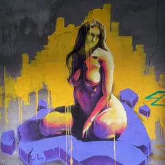 The finished piece from that crazy session. The yellow cityscape background and the purple figure create a beautiful contrast. It's about finding elegance in the street.