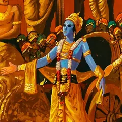 A closer look at Lord Krishna on his chariot from the Dwarka painting. This detail highlights his serene expression and open arms as he greets the citizens of his kingdom.