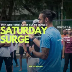 Another Saturday Surge event poster, inviting everyone to join us at our Jayamahal location to unleash their potential in a powerful group session.
