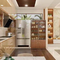 This open-kitchen concept features glossy, beige cabinets and a marble backsplash. The design includes a tall crockery unit and is seamlessly integrated with the living area.