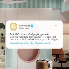 In kids' rooms, we design for growth. This image highlights our philosophy of choosing adaptable furniture, set against a backdrop of soothing mint green and playful pink accents.