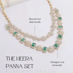 A closer look at the second layer of the Heera Panna necklace. This piece features striking octagon cut emeralds, each surrounded by a halo of round cut diamonds, creating a design of pure grandeur.
