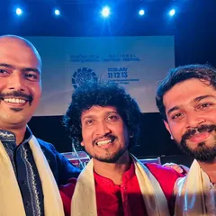 A selfie with fellow musicians Sukhad Munde and Santosh Ghante after our duet at the National Rhythm Festival in Kerala.