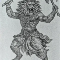 A fierce and powerful sketch of Mahavatar Narsimha. I use detailed shading to capture the muscular form and intense energy of the deity.