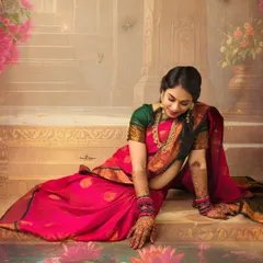 A moment of serene reflection. The expectant mother, dressed in a vibrant pink saree, touches the water of a lotus pond in this beautifully crafted, artistic portrait that blends reality with a dreamlike setting.