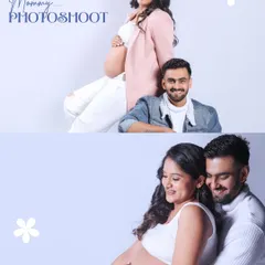 This two-panel layout showcases both a stylish portrait and an intimate moment from a casual maternity session, telling the story of the journey to 'mom & dad'.