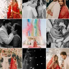 A collage of moments that celebrate love and family. From the couple's portraits to candid hugs and rituals, this shows the full spectrum of a wedding day.