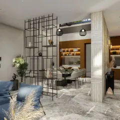 A view from the living area towards the dining space, showing how the open layout and central skylight create a bright, interconnected living environment.