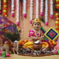 Celebrating our beautiful culture with a Janmashtami themed photoshoot. This little Krishna, with his peacock feather and pot of butter, looks absolutely divine in this detailed studio setup filled with traditional props.