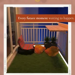 Every future moment is waiting to happen here. This cozy balcony setup with faux grass, low seating, and a railing bar table is perfect for quiet nights and deep conversations.