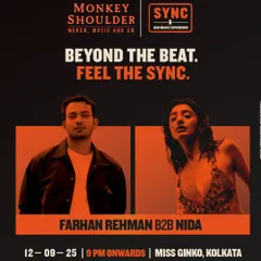 The poster for my B2B set with Farhan Rehman for Monkey Shoulder's 'SYNC' series. We're known for our blend of soulful, funky, and hard-hitting disco and house grooves.