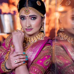 A beautiful Telugu muhurtham look created with our rental jewellery. The combination of a choker, kasina sara, and matching earrings creates a timeless bridal aesthetic.