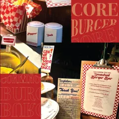 This collage captures the branding and retro diner aesthetic of our Smashed Burger Bar. It features menu details, salt and pepper shakers, and handwritten checks to create a complete thematic experience.