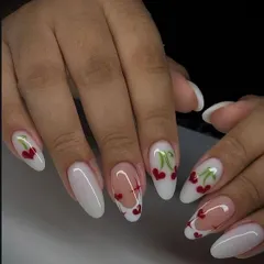 A sweet design with heart-shaped cherries on a white and sheer base. This is a super cute and romantic look.
