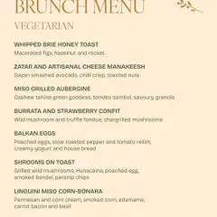A vegetarian brunch menu, highlighting creative dishes like Miso Grilled Aubergine, Burrata and Strawberry Confit, and Linguini Miso Corn-Bonara.
