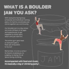 Ever wonder what a "Boulder Jam" is? It’s our signature event where we reset the entire gym with fresh routes and turn up the music for a day of community climbing. It's not a competition, so there's no pressure, just a fun day of climbing, food, and good vibes.