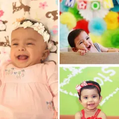A vibrant collage of happy babies and toddlers during their milestone photoshoots, showcasing their joyful expressions and personalities.
