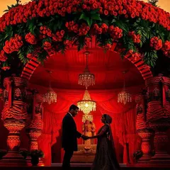 A truly romantic moment captured under a magnificent mandap we designed. The structure is enveloped in thousands of red roses, with crystal chandeliers adding a warm glow, creating a dramatic and opulent setting for the couple's special ceremony.