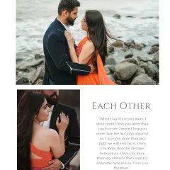 A two-panel image featuring a close-up of the couple's embrace and a wider shot of them against the sea, telling a story of intimacy and grandeur.
