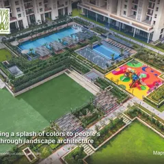 A vibrant and colorful landscape at a Mapsko project, featuring a bright playground, a pristine lawn, and a well-appointed pool area. We use landscape architecture to add color and joy to people's lives, creating spaces that are both beautiful and functional.
