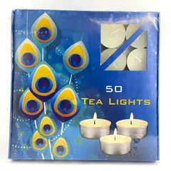 I also offer tealights in this beautiful blue box with a peacock feather design, which is perfect for festive seasons or gifting. It also contains a pack of 50 tealights.