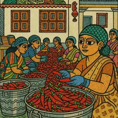 We reimagined our pickle-making process in the traditional Madhubani art style. This beautiful artwork celebrates the hands and heritage behind our Lal Mirch Bharua Achar, from sorting the chillies to packing the jars.
