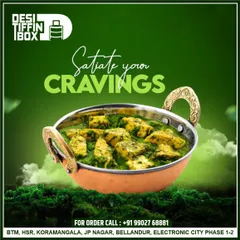 To satisfy your cravings, I offer dishes like this Palak Paneer. It's made with fresh spinach puree and soft paneer, cooked in a traditional copper-style kadai to enhance its authentic flavor.