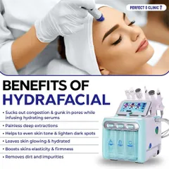 This graphic explains the key benefits of a Hydrafacial. The treatment unclogs pores, evens skin tone, lightens dark spots, and boosts elasticity, all through painless deep extractions and serum infusion.