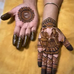 A special design for Raksha Bandhan. One hand features a portrait of a brother and sister, while the other has a simple, elegant mandala with the word 'Bhai' (brother) at its center.