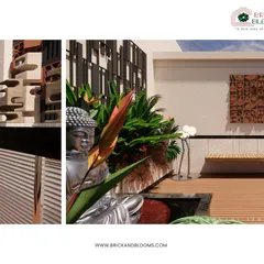 A close-up of our design for a tranquil terrace corner. This concept features a Buddha statue, a sleek bench, and artistic wall panels, blending spiritual calm with modern aesthetics.