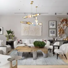At the India Design Fair, I showcased this stunning Luna Kaleido chandelier from Gabriel Scott in a space curated by Koko by K2 India. The light serves as the artistic centerpiece of a luxurious living room setting, demonstrating the powerful synergy between high-end furniture and statement lighting.