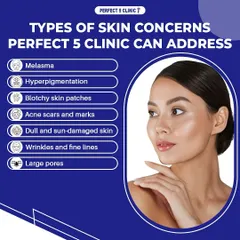 This graphic lists the wide range of skin concerns we can address at our clinic. From melasma and hyperpigmentation to wrinkles and large pores, we have a treatment to help you achieve radiant skin.